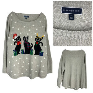 New Karen Scott Plus Sz 2X 3 Cat Kitty Christmas Holiday Panther Sweater NWOT